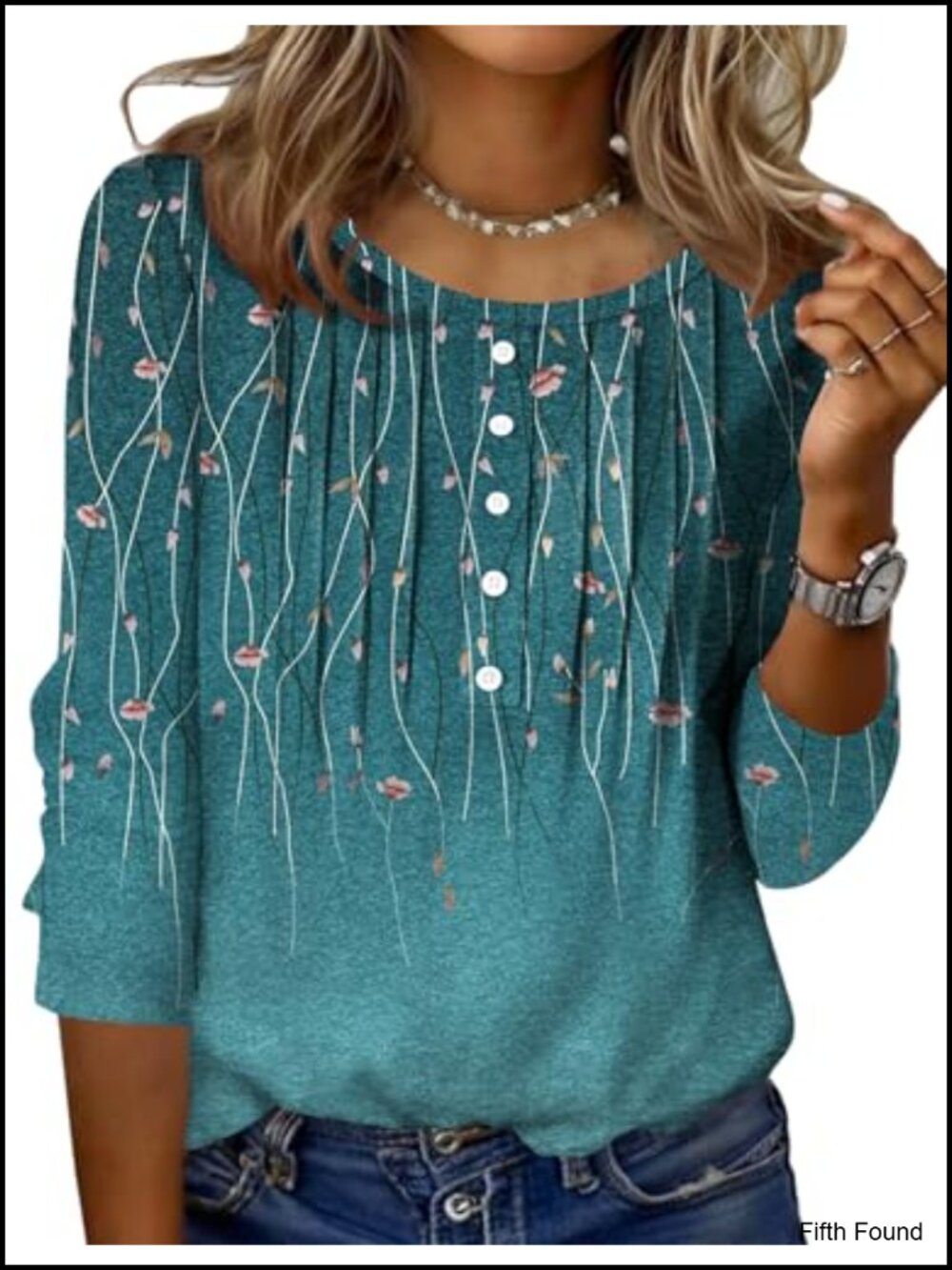 3/4 Sleeve Womens Tunic Top Pleated Round Neck Casual Tee Blouse